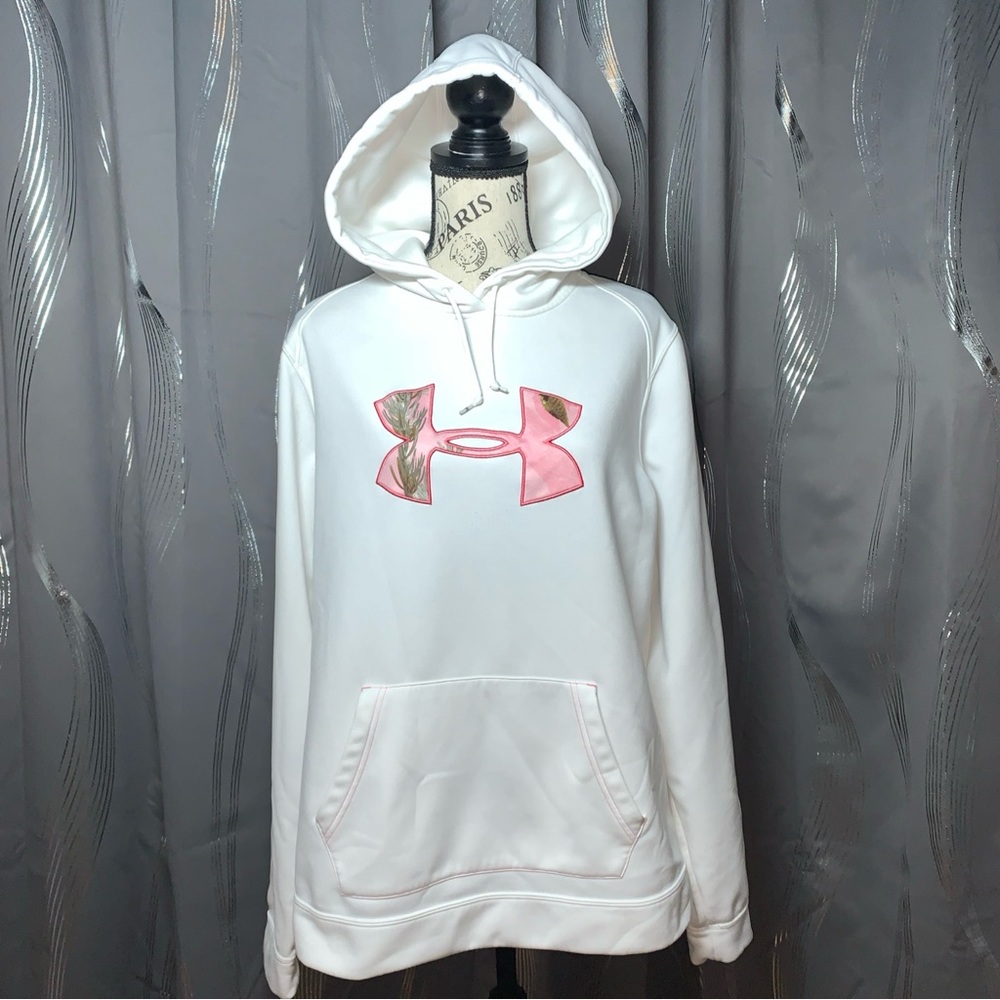 Under Armour Womens XL Pullover Long Sleeve Hooded Sweatshirt White W/ Pink Camo